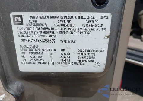 2003 Chevrolet Avalanche 1500 z USA, uszkodzony, nr VIN 3GNEC13TX3G288609